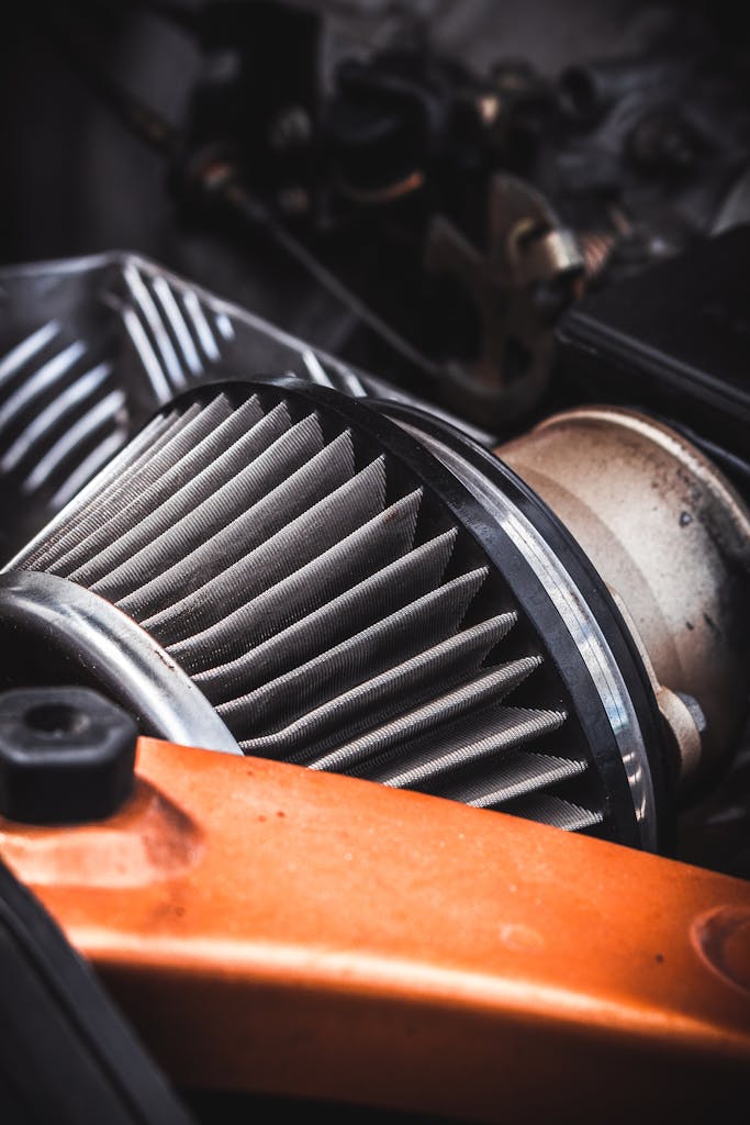 A close-up shot of an automotive air intake filter showcasing its design and structure.